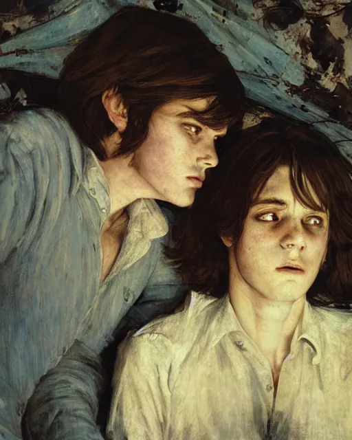 Image similar to two handsome but creepy young people in layers of fear, with haunted eyes and tangled hair, 1 9 7 0 s, seventies, wallpaper, a little blood, moonlight showing injuries, delicate embellishments, painterly, offset printing technique, by coby whitmore, jules bastien - lepage