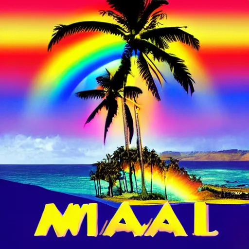 Image similar to miracle musical Hawaii part ii album cover, showing an ocean in the background, spiral transparent stairs on the left with tall palm trees behind it, a slight rainbow in the background, white outline border, moon in the right top area black and white except for the rainbow album cover with rainbow text in the middle reading Hawaii part ii