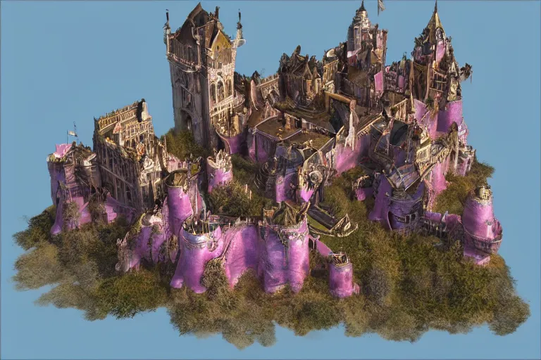 Image similar to medieval kingdom, art by den beauvais and rudolph belarski and thomas kidd, trending on artstation, iridescent pink lighting product view blueprint, narrative realism, featured on artstation, unreal engine 5, brocade