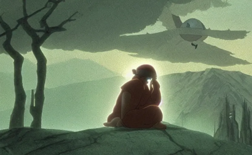 Image similar to a cell - shaded cartoon movie still from princess mononoke ( 1 9 9 7 ) of a middle eastern imam kneeling in prayer. a golden ufo is in the sky. very dull muted colors, hd, 4 k, hq