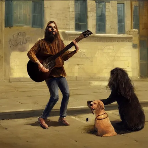 Image similar to oil painting of a young man with long hair blond and a beard hippie style with his golden retrever dog playing guitar in the square for money, people watching around, by greg rutkowski, artstation