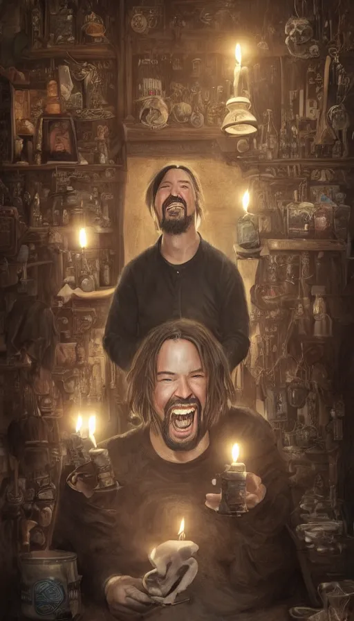 Image similar to keanu reeves as fat drunk tavern owner, apron, laughing, candles, fame of thrones, warhammer, fibonacci, sweat drops, intricate fashion clothing, insane, intricate, highly detailed, surrealistic, digital painting, artstation, concept art, smooth, sharp focus, illustration, unreal engine 5, 8 k, art by artgerm and greg rutkowski and alphonse mucha