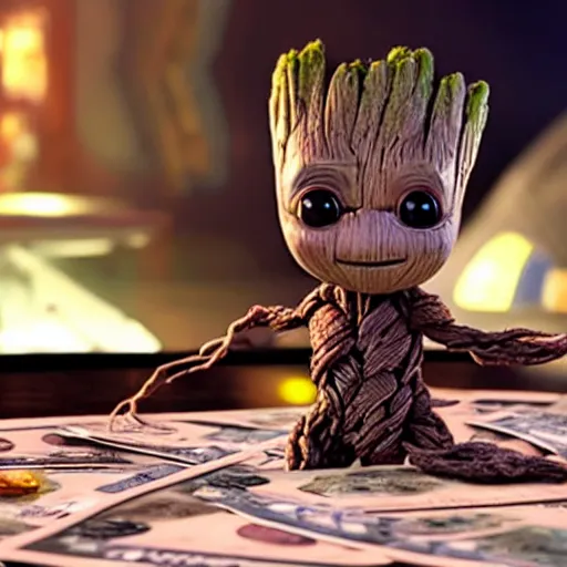 Image similar to baby groot makes it rain at the swanky night club, signing autographs, taking selfies, a pile of cash in the background. hyperrealistic, ultradetailed, sharp focus, imax 7 0 mm. mandalorian ( tv show ), rougue one ( film ), buzz lightyear ( film ), space odyssey 2 0 0 1 ( film ).