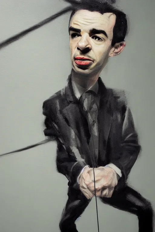 Prompt: dark painting by jon hale of nathan fielder holding puppet strings, ominous, shadowy, masterminding, paint streaks, action lines!!!, visible texture, blurry, blurred