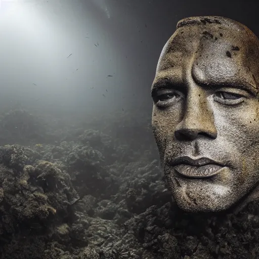 Image similar to Award-winning photograph by Mar Mann. The photo depicts a decaying roman bust of Dwayne Johnson overgrown with moss at the bottom of the sea in the middle of ruins of civilization. Minimalism, high definition, perfect composition. Deep sea picture. Very dark. Volumetric Lighting. Fish. Darkness. Ruins