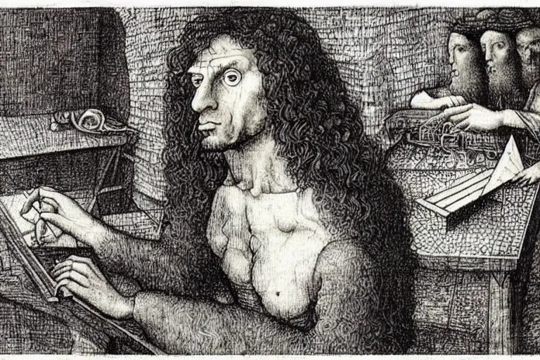 Image similar to ! dream an annoyed curly - haired persian guy programmer by leonardo davinci, hieronymous bosch, mc escher