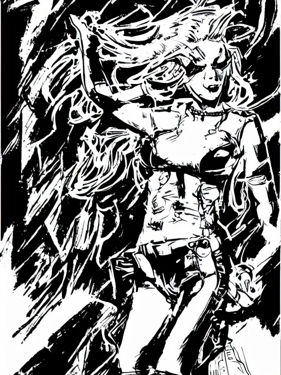 Image similar to portrait full body of chaos punk rock girl, grayscale comic book artstyle by jack kirby