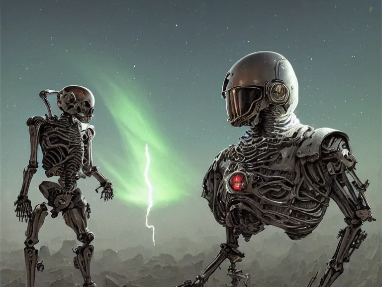 Prompt: a detailed profile illustration of a skeleton in a space armour, cinematic sci-fi poster. technology flight suit, bounty hunter portrait symmetrical and science fiction theme with lightning, aurora lighting clouds and stars by beksinski carl spitzweg and tuomas korpi. baroque elements. baroque element. intricate artwork by moebius. Trending on artstation. 8k