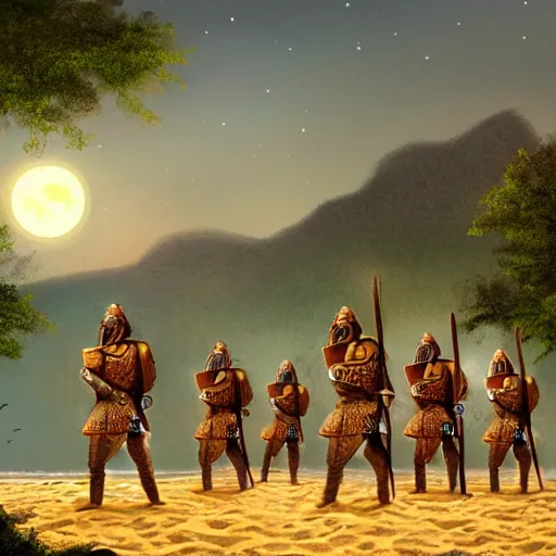 Image similar to A group of armoured Spanish conquistadors holding torches on a sandy beach Cove in middle of a magical forest in a dark night. Inca ruins in the background. Pale crescent moon in the sky. detailed digital painting, artstation