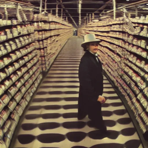 Image similar to grainy security cam footage still of Willy Wonka in his Chocolate Factory, extreme wide angle