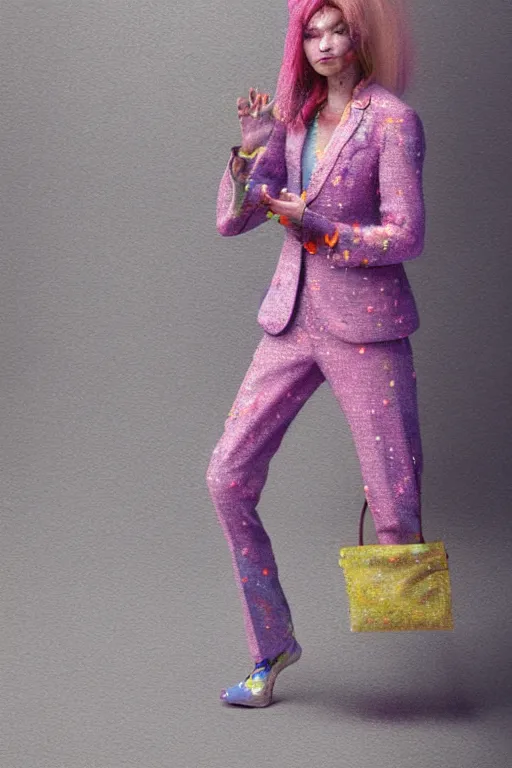 Image similar to a scene with a character wearing a super colorful muted color diy! suit, vivienne westwood!, detailed photoreal render octane render, pointillism, oil on canvas