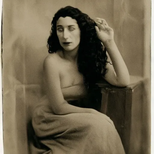 Prompt: tintype, smoke offhand by ossip zadkine. a beautiful photograph of a woman with long curly hair, wearing a white dress & sitting in a chair in front of a window with a view of a mountainside.