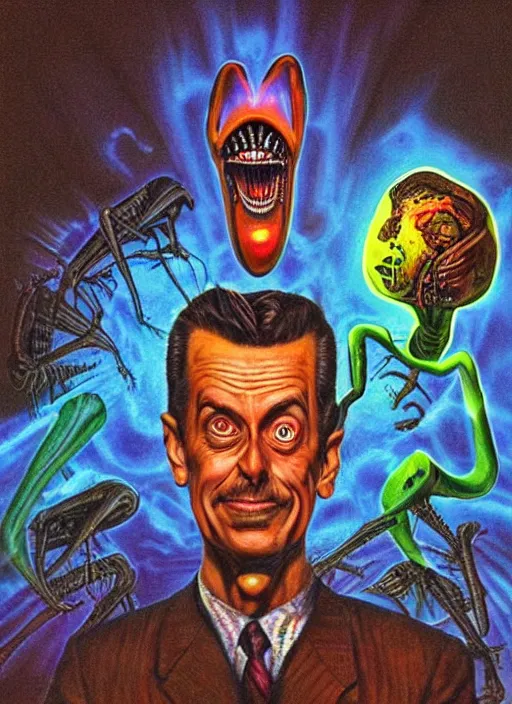 Image similar to subgenius, x - day, aliens, weird stuff, occult stuff, colorful, hyperrealism, dramatic lighting