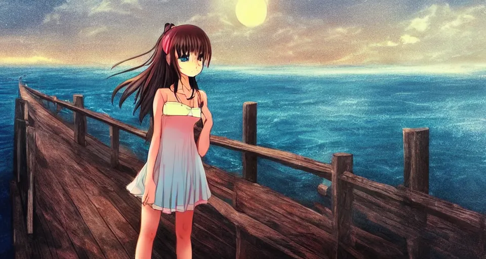 Prompt: cute anime girl standing on a pier, blue shiny eyes, the ocean as background at twilight, big moon above the water, colorful, magical, smooth, extremely detailed, devianArt, by Saranxiety on Pinterest