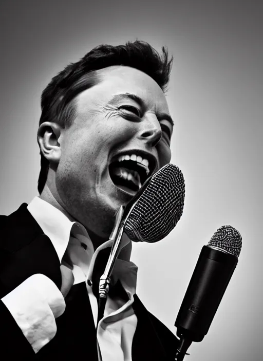 Image similar to Portrait of Elon musk wearing a suit, screaming into an old microphone . Black and white, high contrast