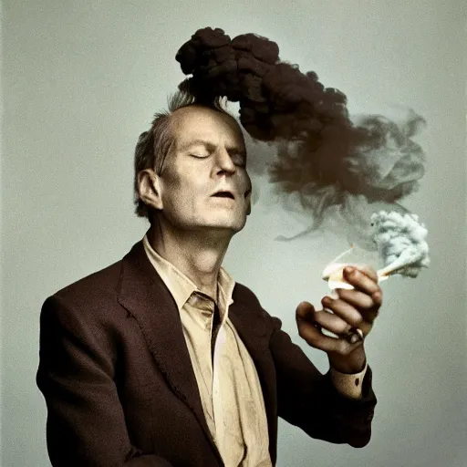 Prompt: annie liebovitz photo of a man with a puff of smoke instead of his head