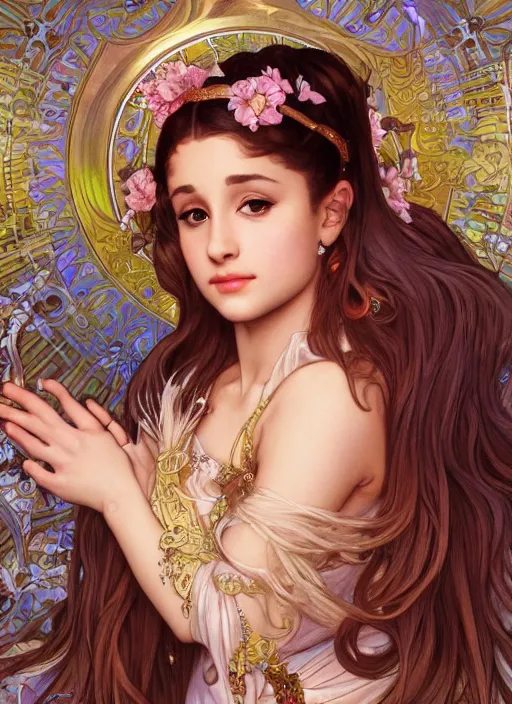 Image similar to Ariana Grande as God of Beauty, cute, fantasy, intricate, elegant, highly detailed, digital painting, 4k, HDR, concept art, smooth, sharp focus, illustration, art by alphonse mucha,artgerm, H R Giger