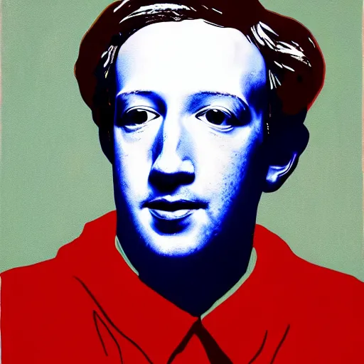 Image similar to painting of Zuckerberg in style of Warhol's Mao, soup can