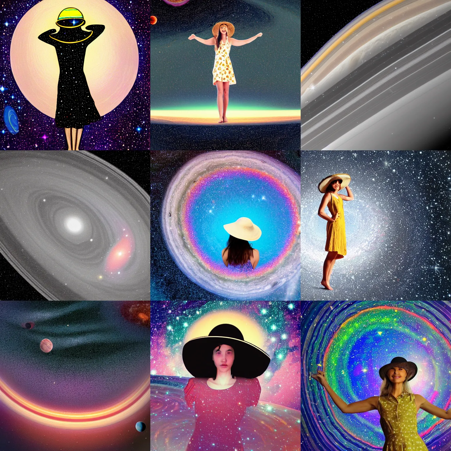 Prompt: image of woman composed of galaxies sitting on the edge of the rings of saturn, wearing a sunhat, wearing a sundress