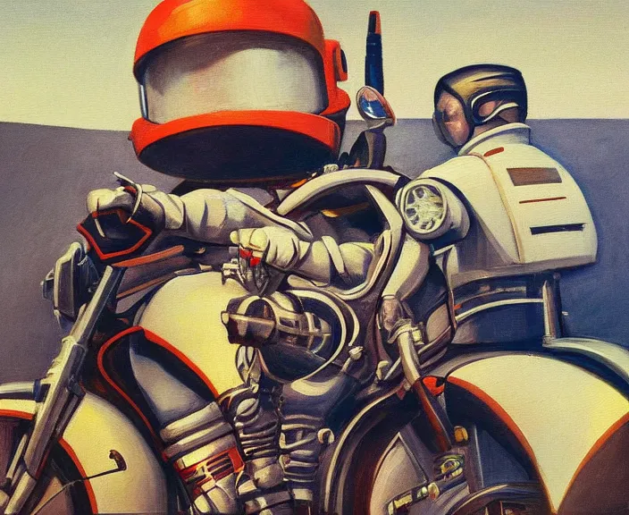 Image similar to a very detailed painting of a astronaut wearing a suit, riding a motorbike down a street, harley davidson motorbike, worm's - eye view, very fine brush strokes, very aesthetic, very futuristic, in the style of edward hopper and grant wood and syd mead, 4 k,