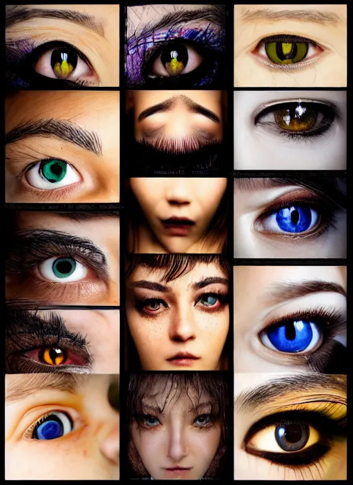 Image similar to grid montage of square shaped eyes, square shaped dilated pupils, square irises, detailed colored textures, eyelashes, advanced art, art styles mix, from wikipedia, wet reflections in eyes, sunshine light, hd macro photograph, from side, various eyelid positions, square black pupil centered