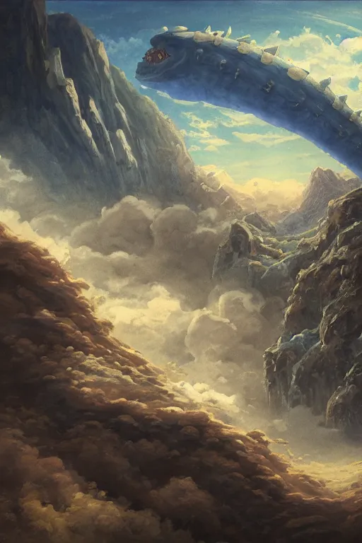 Image similar to giant leviathan flying over the mountains, clouds and sky, inspired by Nausicaa of the Valley of the Wind, Studio Ghibli, Hayao Miyazaki, 8k, 4k, UHD, HDR, photorealistic, 3D, digital painting, matte painting, environment design, by Victor Nava, Artstation, Steampunk, Hieronymus Bosch, Golden dappled dynamic lighting, Highly Detailed, Theophanic atmosphere, Cinematic Lighting, Unreal Engine, 8k, HD