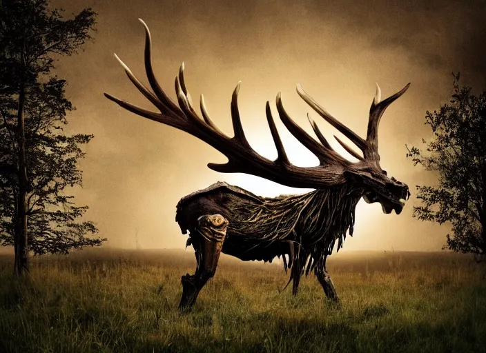 Image similar to photograph of a horrifying nature monster made of animal parts, tree parts, bones, antlers and an extremely long neck, in a meadow, dramatic lighting, full frame photography