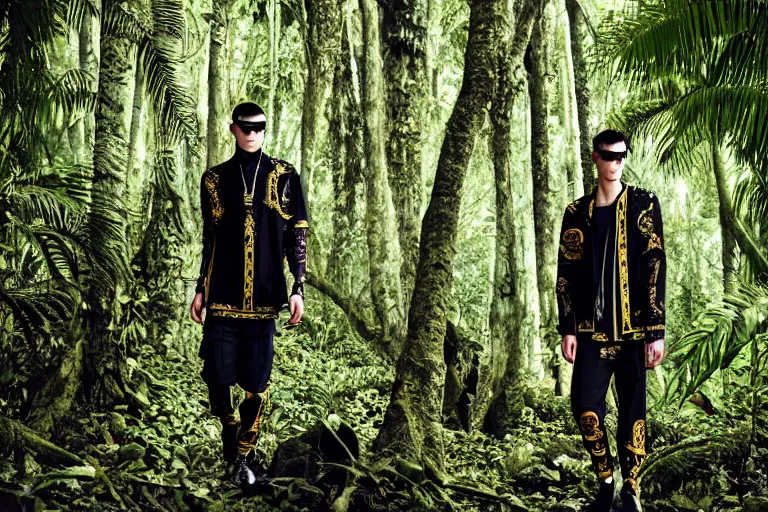 Image similar to versace avant garde male tunics intricate modern choatic textiles streetwear cyberpunk posing in the jungle woods cloudy overcast dark dramatic mysterious 3 5 mm professional