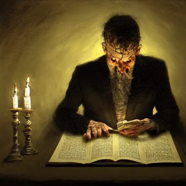 Image similar to ultra - realistic horrifying painting of a terrified man in a suit reading a dead sea scroll by candlelight, by dave dorman, paul carrick, dark, brooding, volume lighting, atmospheric lighting, painted, intricate, ultra detailed, well composed, best on artstation, cgsociety, epic, stunning, gorgeous, intricate detail, wow, masterpiece