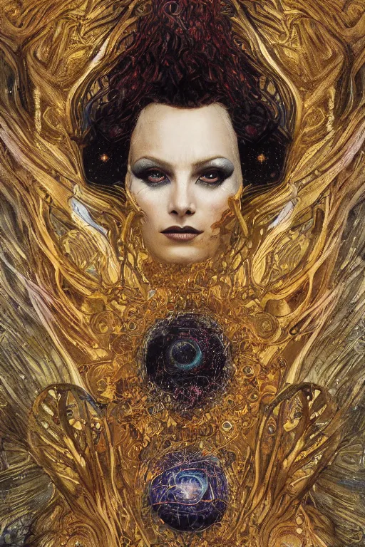 Prompt: Intermittent Chance of Chaos Muse by Karol Bak, Jean Deville, Gustav Klimt, and Vincent Van Gogh, trickster goddess, enigma, Loki's Pet Project, destiny, Poe's Angel, fate, Surreality, inspiration, muse, otherworldly, fractal structures, arcane, ornate gilded medieval icon, third eye, spirals