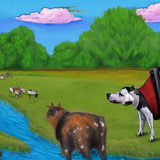 Prompt: A digital painting of a mossy cow in Moscow looking at a river. The cow is holding a wineskin and wears a rucksack. Husky dogs are swimming in the river.