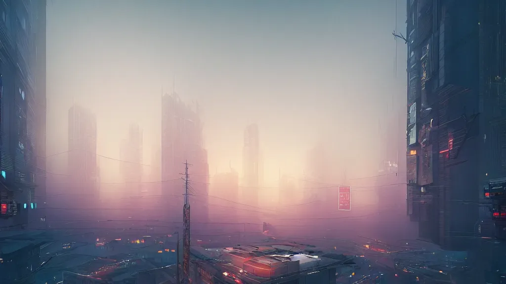 Prompt: Professional photograph of a simple suburban cyberpunk town during midnight, skyscrapers in distant fog, 4k, cozy wallpaper, ray tracing, Unreal engine, trending on Artstation, award-winning, art by Greg Rutkowski, by Chris Moore