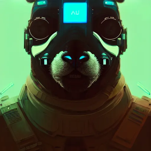 Image similar to cyberpunk synth, hyper - realistic portrait of a futuristic panda soldier, cyberpunk, intricate, lifelike, by atey ghailan, by greg rutkowski, by greg tocchini, by james gilleard, by joe fenton, by kaethe butcher, dynamic lighting, gradient light blue, brown, cinematic lighting color scheme, sharp focus, grunge aesthetic