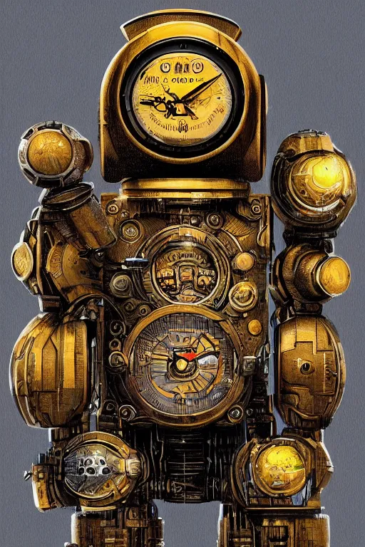 Prompt: a wise old wizard robot made of clocks, painted by wally wood and matt jefferies, trending on artstation, bright macro view pixar, award - winning, blueprint, chillwave, realism