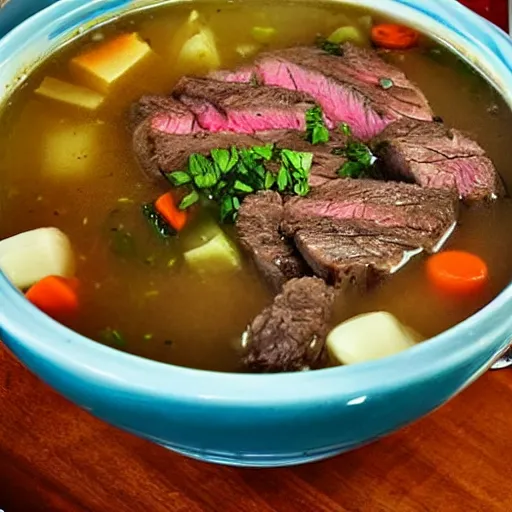 Prompt: a bowl of steak soup on a table corner view in the style of studio ghibli, fancy