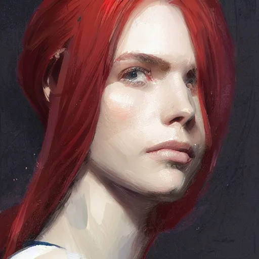 Image similar to Portrait of a woman by Greg Rutkowski, she is about 20 years old, redhead, long straight hair, beautiful oval face, wearing red and black utilitarian jumpsuit, older sister vibes, highly detailed portrait, digital painting, artstation, concept art, smooth, sharp foccus ilustration, Artstation HQ.