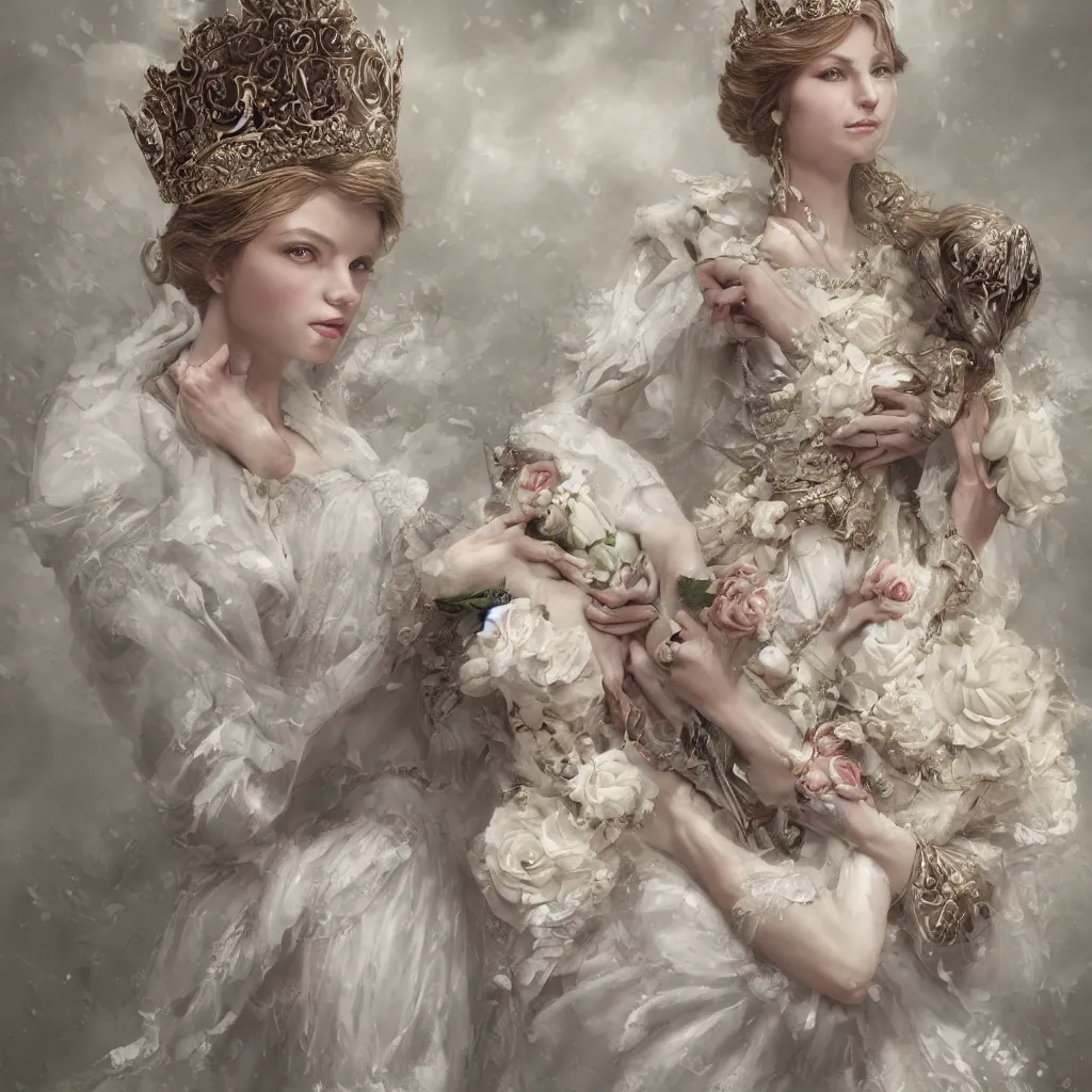 Image similar to a queen with a decorated dress made of white and cream colored roses holding a swan in her arms, highly detailed, digital painting, trending on artstation , HD quality, by meredit frampton dramatic light, octane