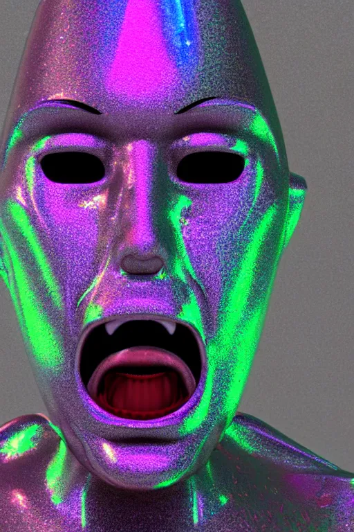 Image similar to 3d render of holographic angry human robotic screaming angry bust made of glossy iridescent, screaming, bust, surrealistic 3d illustration of a human non-binary, non binary model, 3d model human, cryengine, made of holographic texture, holographic material, holographic rainbow, concept of cyborg and artificial intelligence