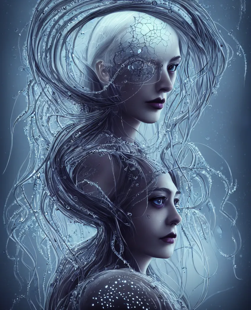 Image similar to close-up portrait of the face of a beautiful gloomy gothic princess, epic angle and pose, symmetrical artwork, 3d with depth of field, blurred background, cybernetic jellyfish female face skull phoenix bird, translucent, nautilus, energy flows of water and fire. a highly detailed epic cinematic concept art CG render. made in Maya, Blender and Photoshop, octane render, excellent composition, cinematic dystopian brutalist atmosphere, dynamic dramatic cinematic lighting, aesthetic, very inspirational, arthouse. y Greg Rutkowski, Ilya Kuvshinov, WLOP, Stanley Artgerm Lau, Ruan Jia and Fenghua Zhong