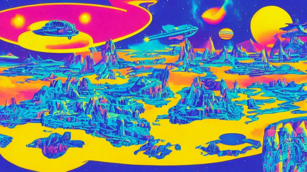 Prompt: artwork in the style of chesley bonestell and in the style of lisa frank.