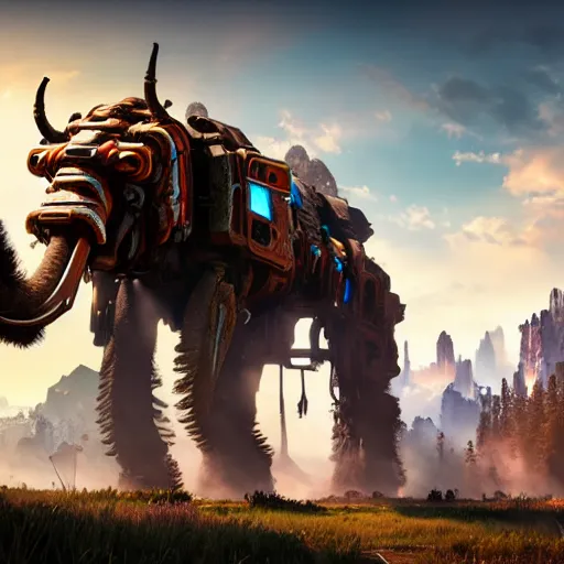 Prompt: mechanised mammoth in the style of horizon zero dawn, highly detailed, 4 k, hdr, award - winning, octane render, artstation