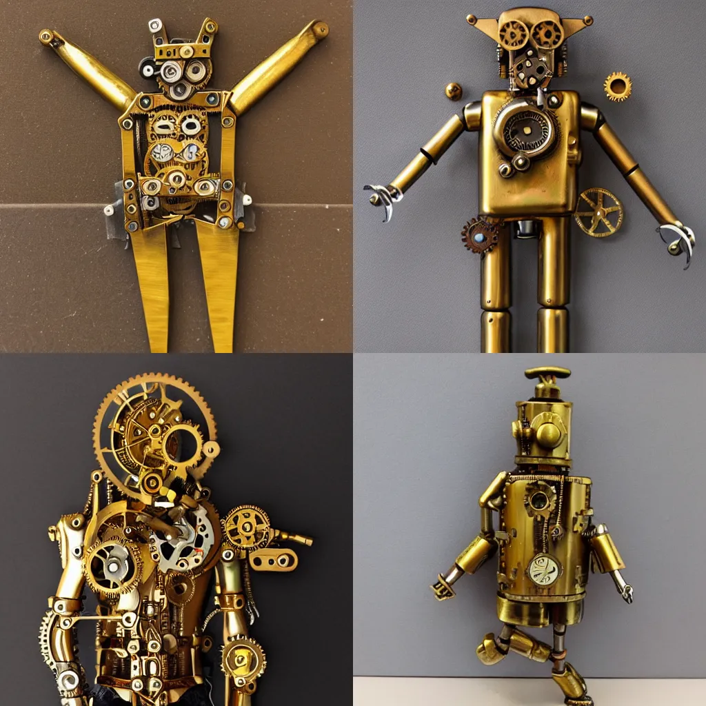 Prompt: Mechanical steampunk man in gold, brass and leather