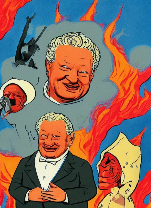 Image similar to yeltsin president in hell, devils and sinners, advertising in the style of american art of the 1 9 5 0 s in color