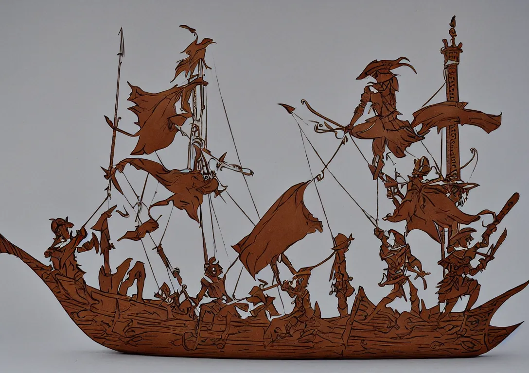 Image similar to a stylized cut paper sculpture of peter pan and captain hook sword fighting on a pirate ship