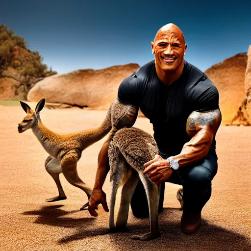 Prompt: dwayne johnson posing with a kangaroo, studio photography, high detail, ultra high detail, 4 k, hdr, 8 k