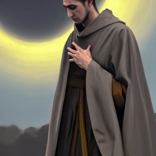 Image similar to Close up of a young, thin and stern catholic priest in his thirties fervently praying as he is about to die from the ominous yellow shadow descending upon him from the night sky. Low angle, dramatic lighting. Award-winning digital art, trending on ArtStation