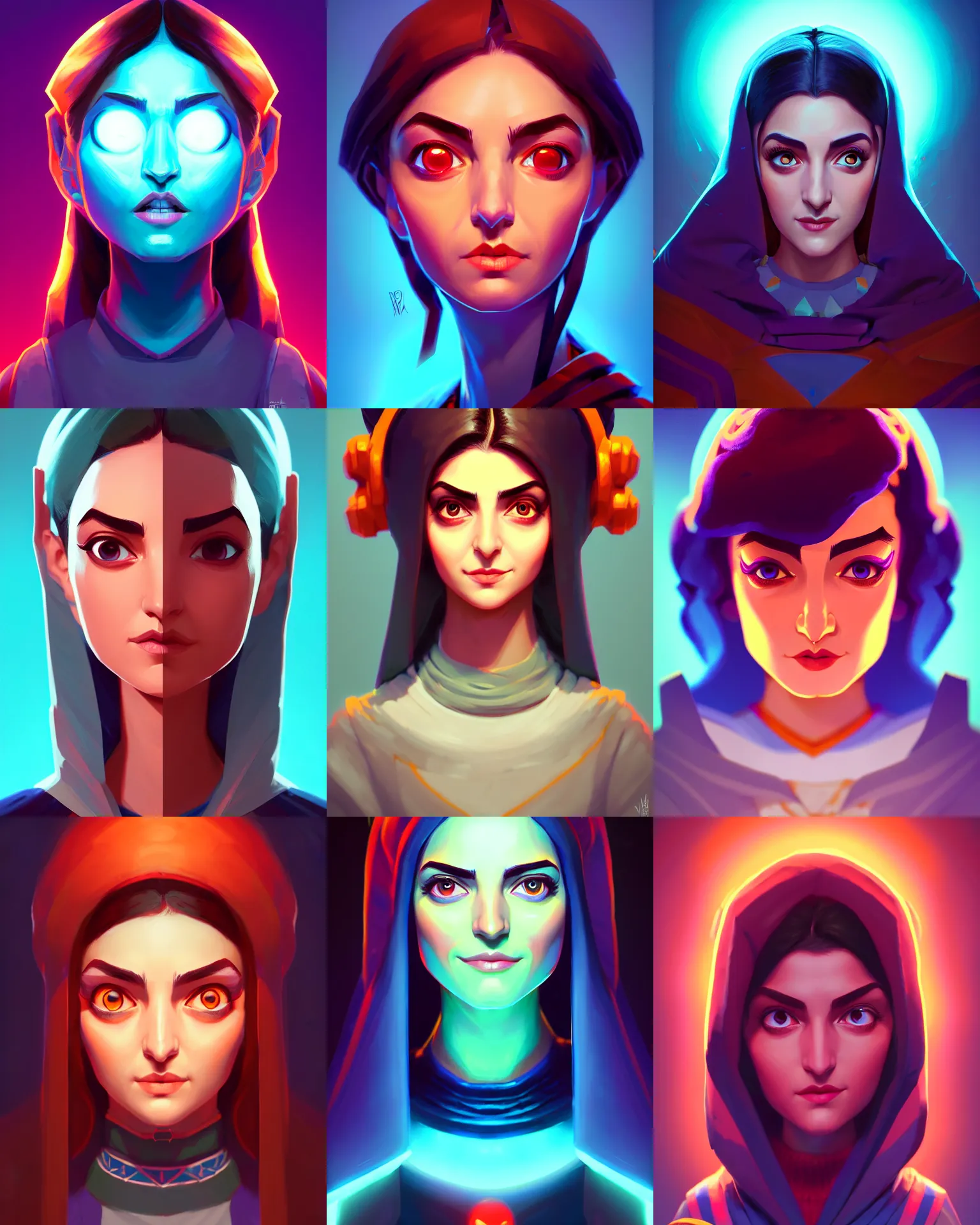 Prompt: head-on symmetrical centered painted portrait, Maya Ali as a mage, matte painting DOTA Blizzard pixar, unity engine on stylized background splash comics global illumination lighting artstation, by lois van baarle, ilya kuvshinov, rossdraws