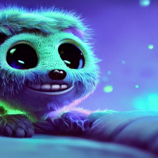 Image similar to tiny furry creature, round, micro - organisms, center, symmetric, rim light, tilt - shift, marine microbiology, bioluminescence, electric, fur, soft, concept art, intricate details, highly detailed, colorful, photorealistic, disney pixar, octane render, iridescent, anime, 8 k