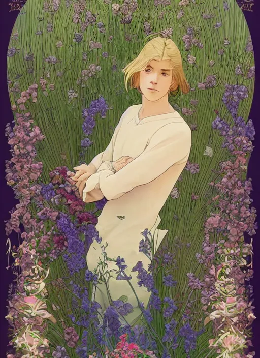 Prompt: book cover, pretty young man with shoulder length blond hair, male, half body shot, flower pattern background, path traced, highly detailed, high quality, digital painting, by studio ghibli and alphonse mucha, leesha hannigan, hidari, art nouveau, chiho aoshima, jules bastien - lepage