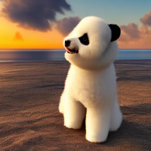 Image similar to a closeup photorealistic photograph of panda themed white bichon frise smiling on the beach at sunset. This 4K HD image is Trending on Artstation, featured on Behance, well-rendered, extra crisp, features intricate detail and the style of Unreal Engine.